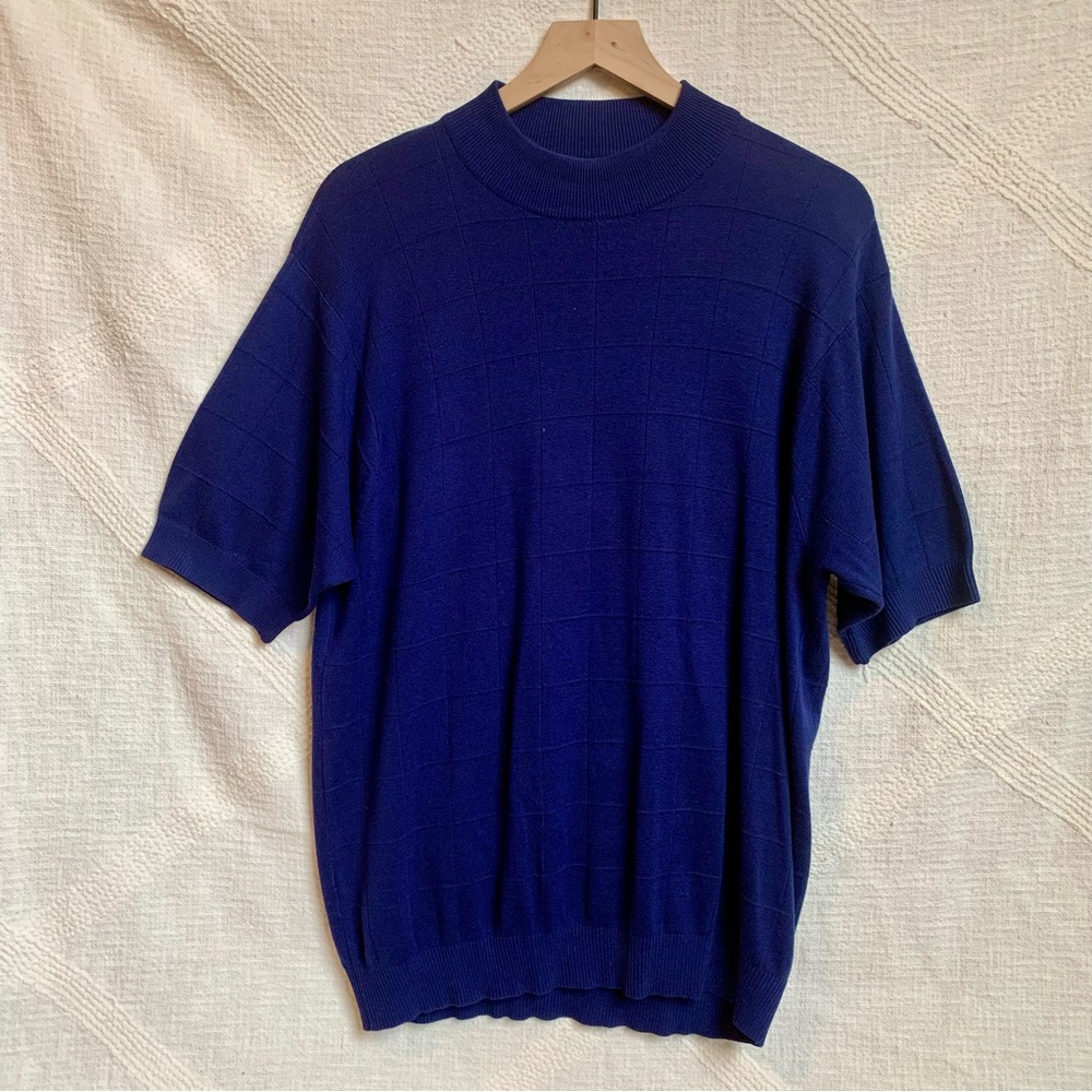 Paul Fredrick Men’s Navy 100% Silk Short Sleeve Sweater Crewneck Large Old Money